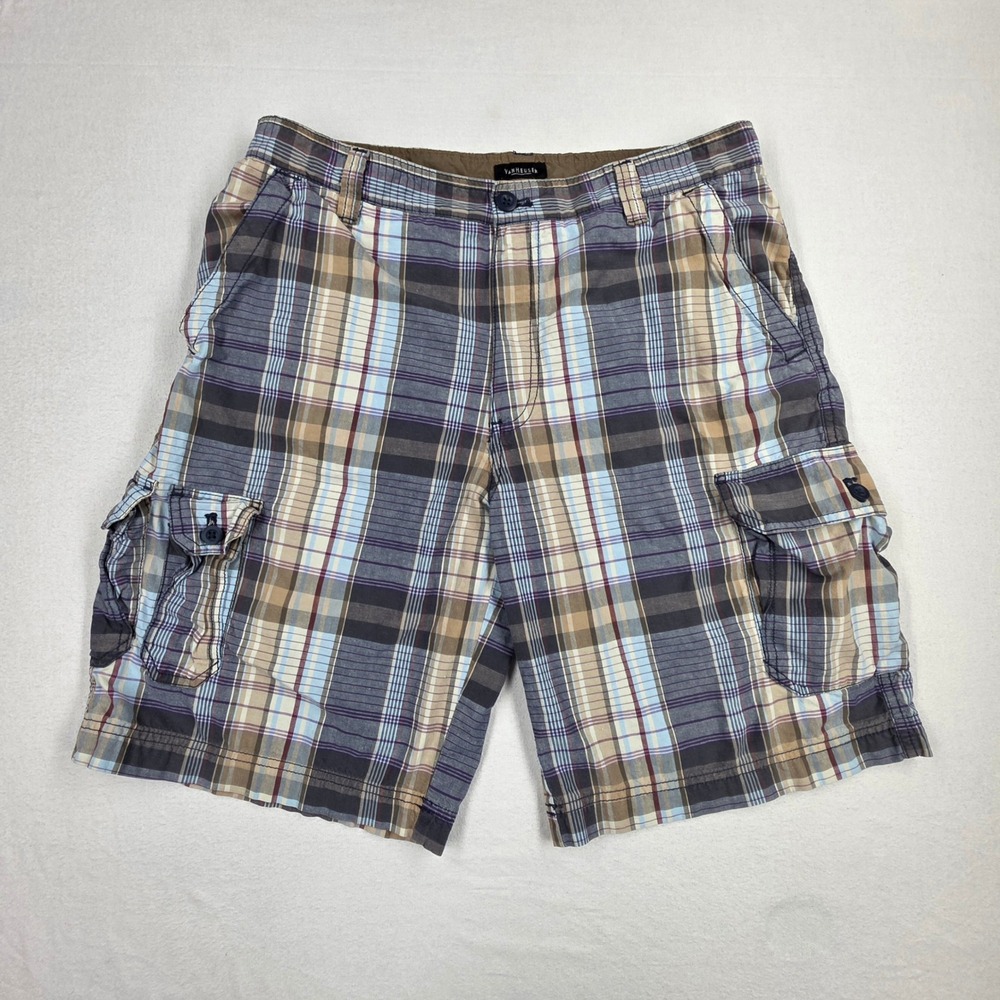 Van Heusen Mens Plaid Cargo Shorts Blue Tan 100% Cotton Size 34 RN 36543